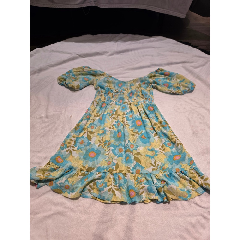 Billabong Floral Smocked Mini Dress Blue Yellow Puff Sleeve Summer Boho Medium
